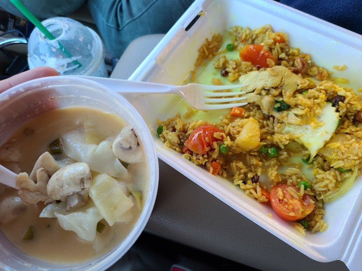 Takeout from Kindee Thai — a cup of Tom Kha soup and pineapple fried rice