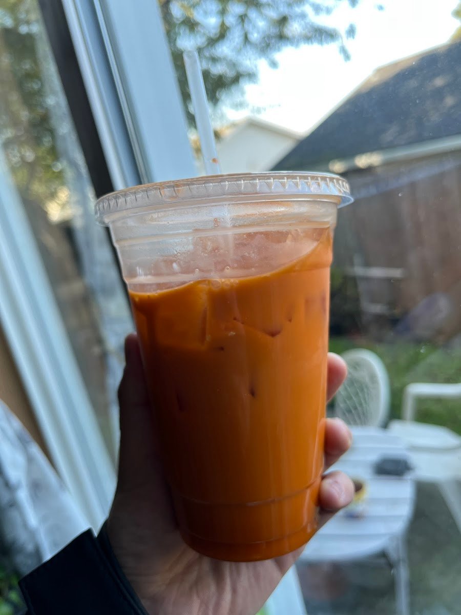 A glass of Thai iced tea at Kindee Thai